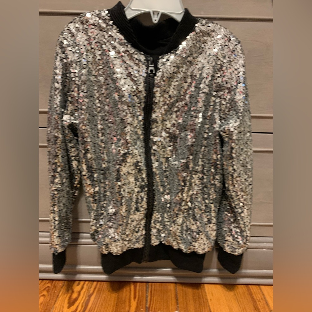 Kids Sequin Bomber Jacket - Silver and Black